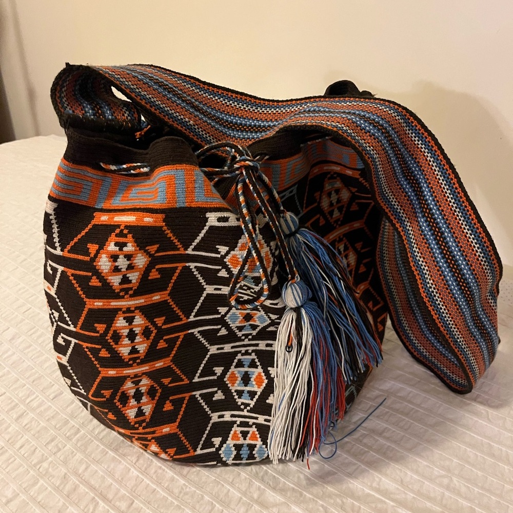 Geometric Patterned Shoulder Bag - Black, Orange,… - image 2
